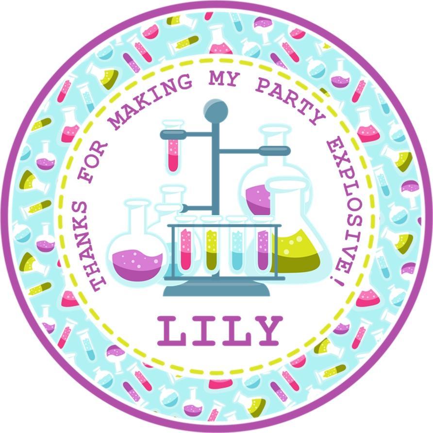 Aqua science birthday sticker with colorful beakers and purple accents