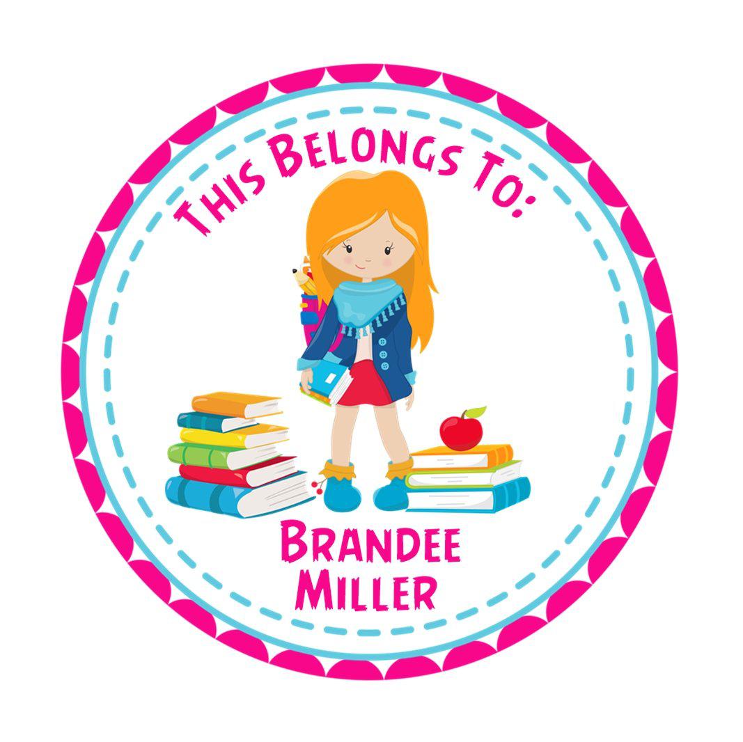 Back to school round name label featuring girl character and book pile