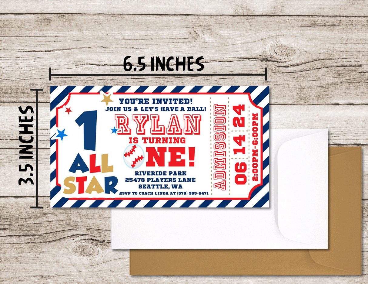 Baseball 1st Birthday Party Ticket Invitations