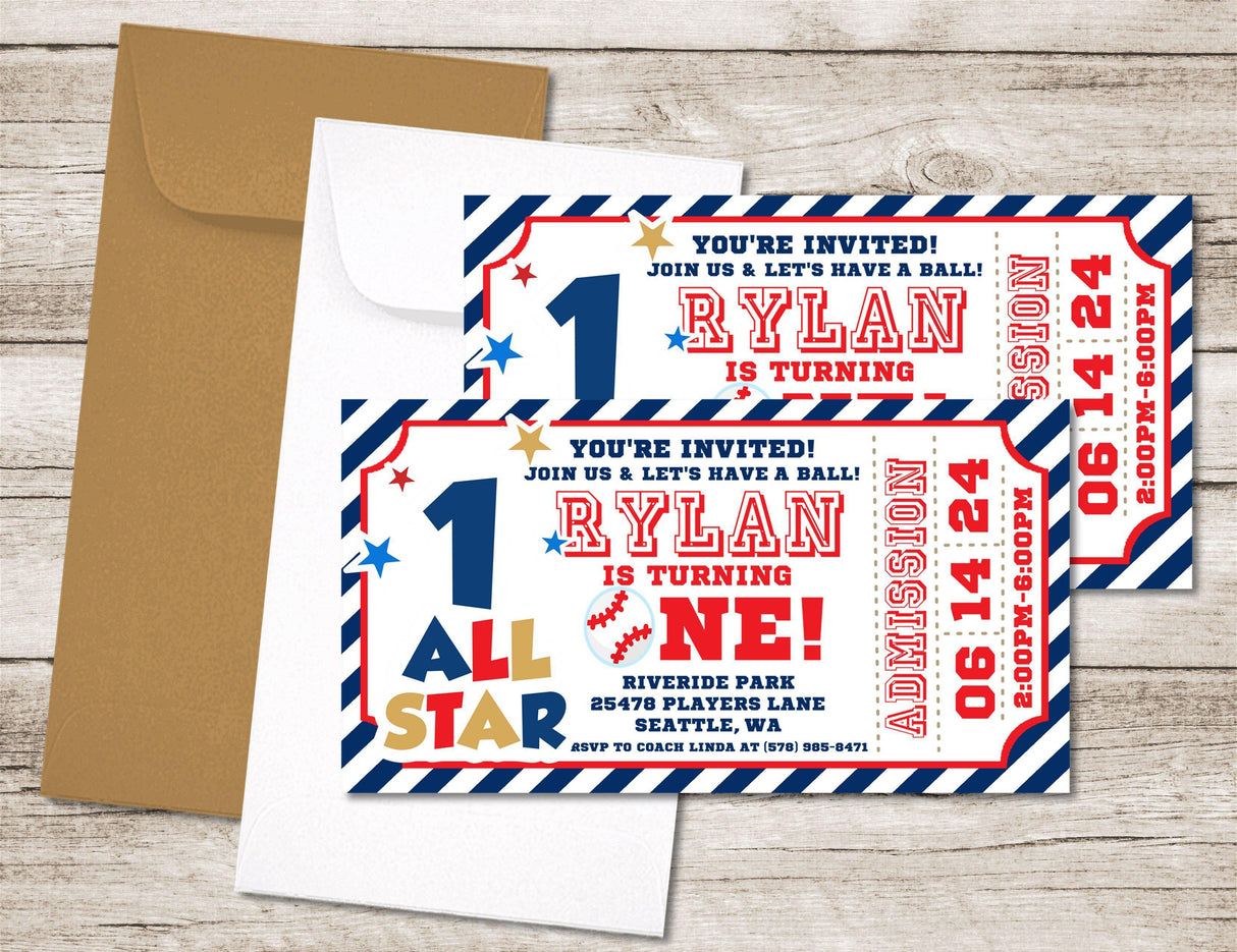 Baseball 1st Birthday Party Ticket Invitations