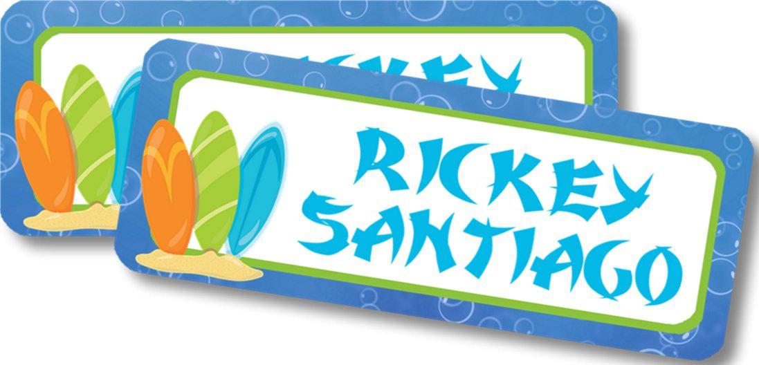 Beach theme school supply labels with surfboard design