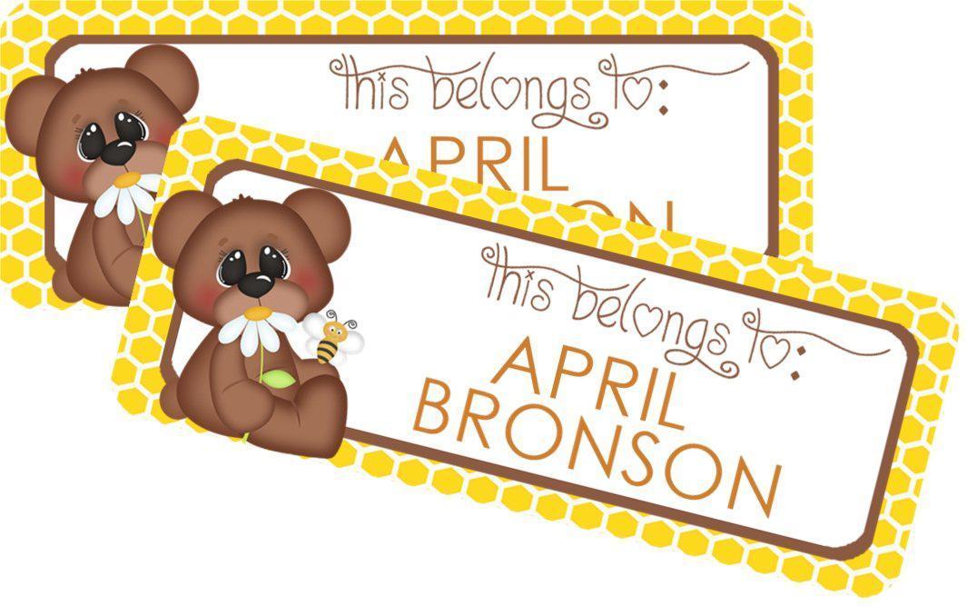 Bear themed school supply name label with floral honey design