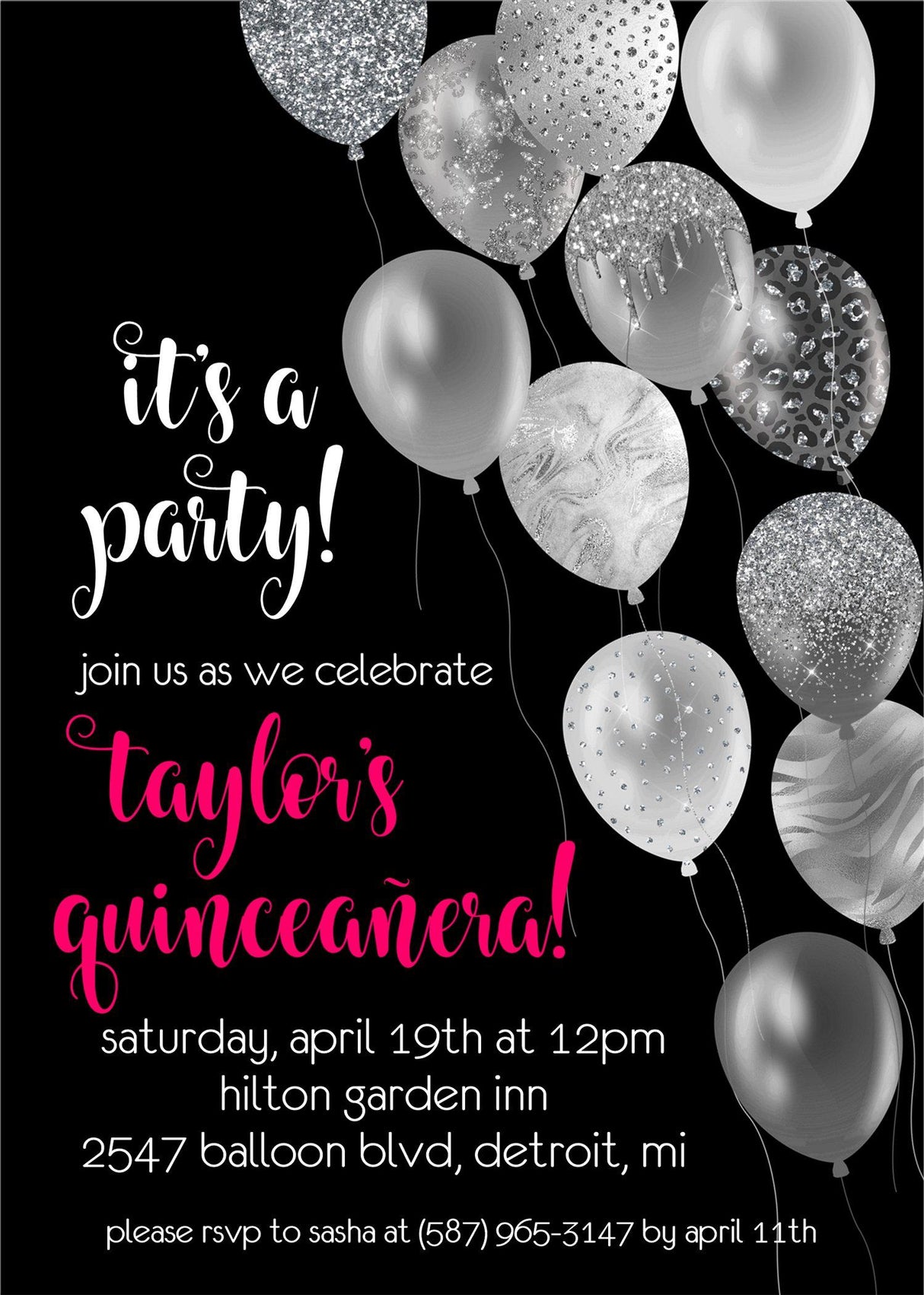 Black, White And Hot Pink Balloon Quinceanera Invitations