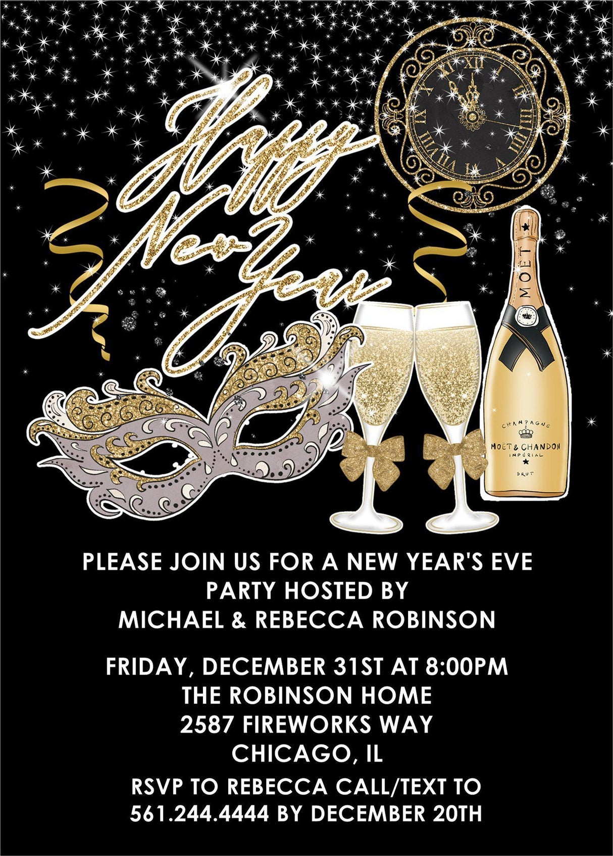 Black and gold New Year's Eve invitation collection featuring champagne glasses and countdown celebration artwork