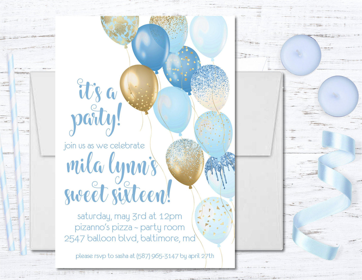 Blue And Gold Balloon Sweet 16 Party Invitations