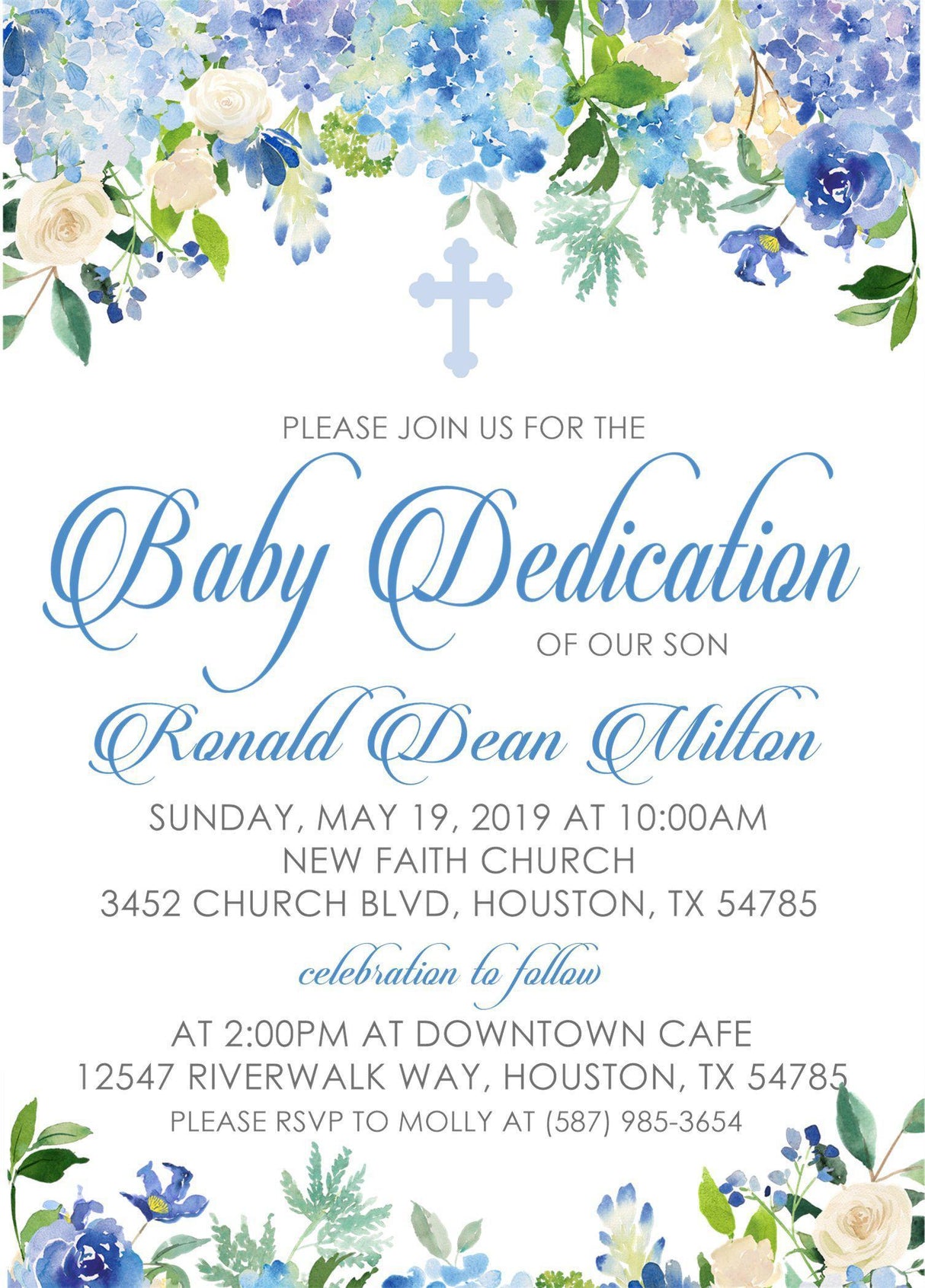 Blue Floral Baby Dedication Invitations