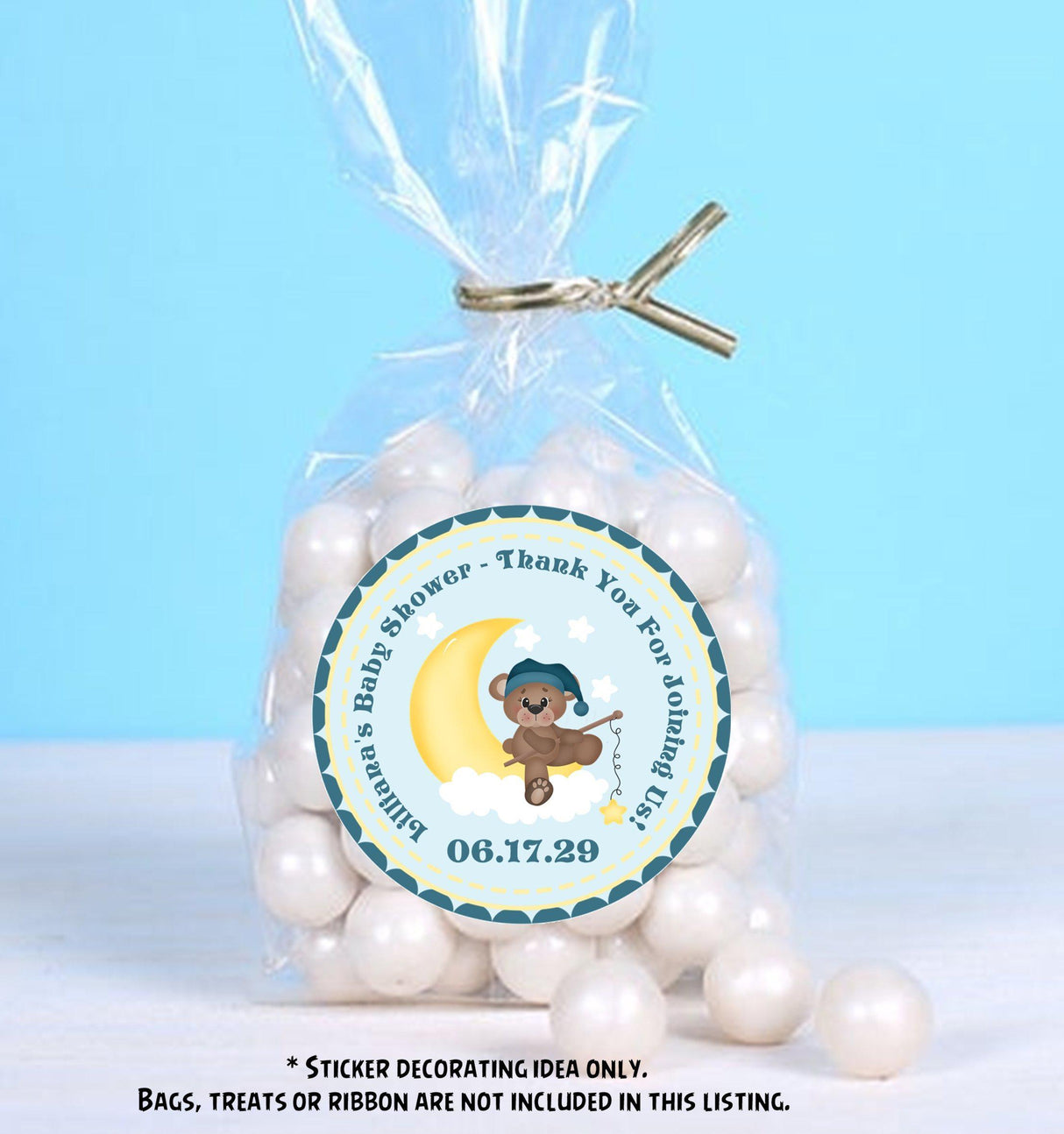 Blue bear baby shower sticker with bear on moon and star balloon