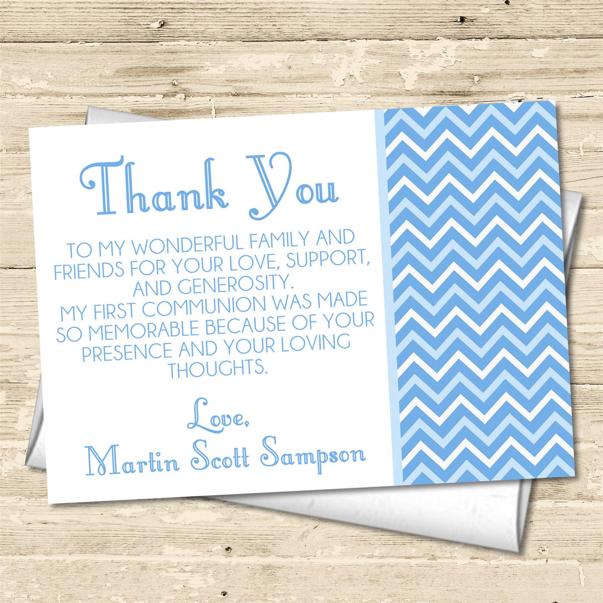 Blue chevron communion thank you cards modern geometric design