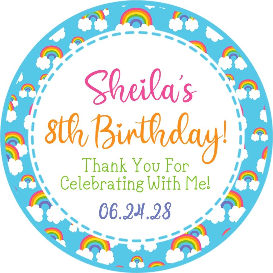 Blue rainbow birthday party favor sticker