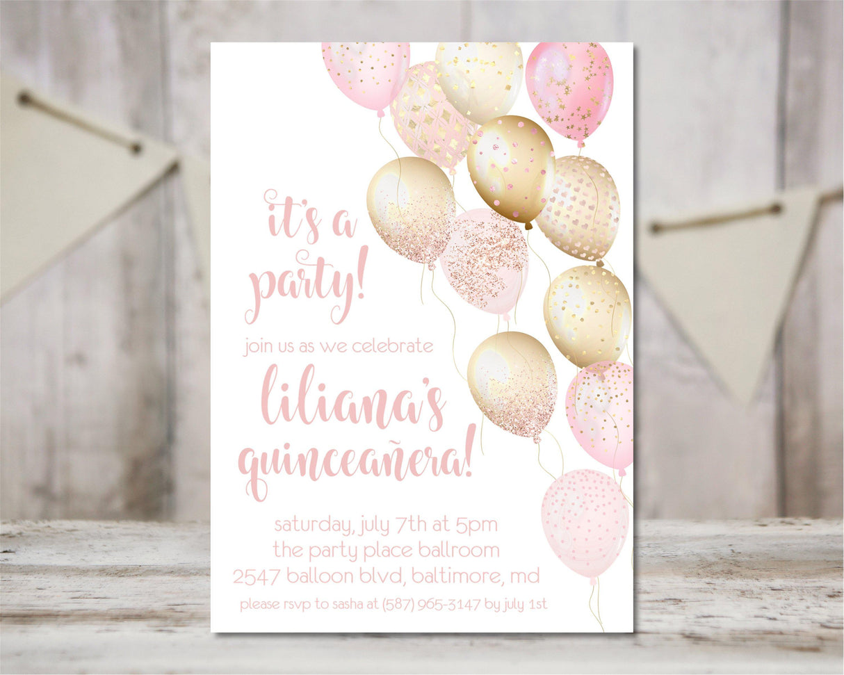 Blush Pink And Gold Balloon Quinceanera Invitations