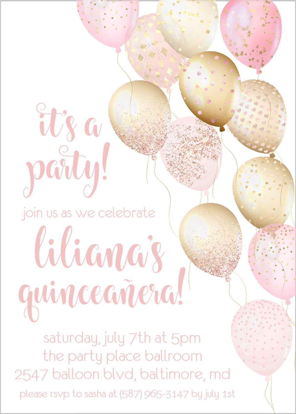 Blush Pink And Gold Balloon Quinceanera Invitations