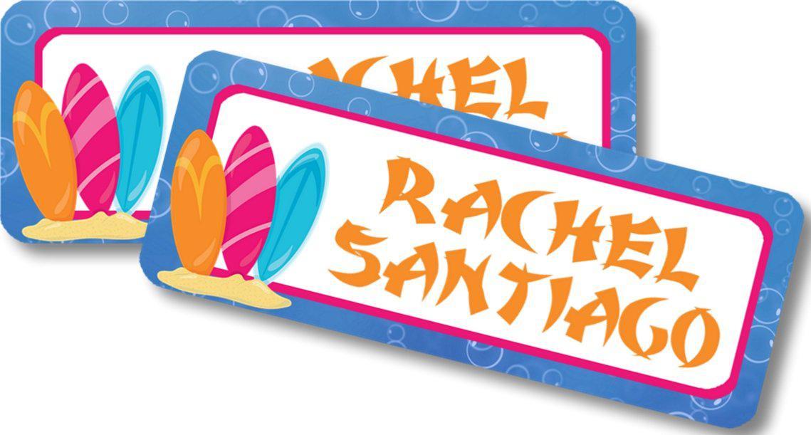 Bright surf theme school supply labels
