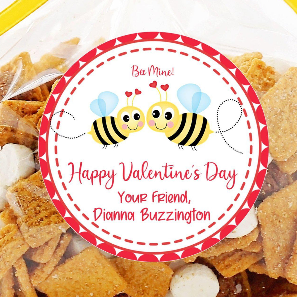 Bumble bee Valentine sticker with hearts and personalized name