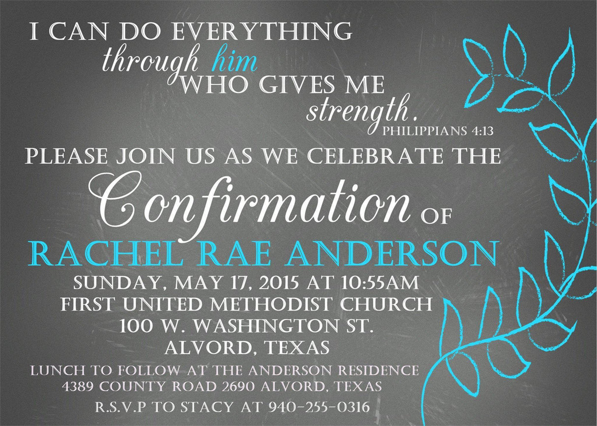 Chalkboard And Turquoise Confirmation Invitations