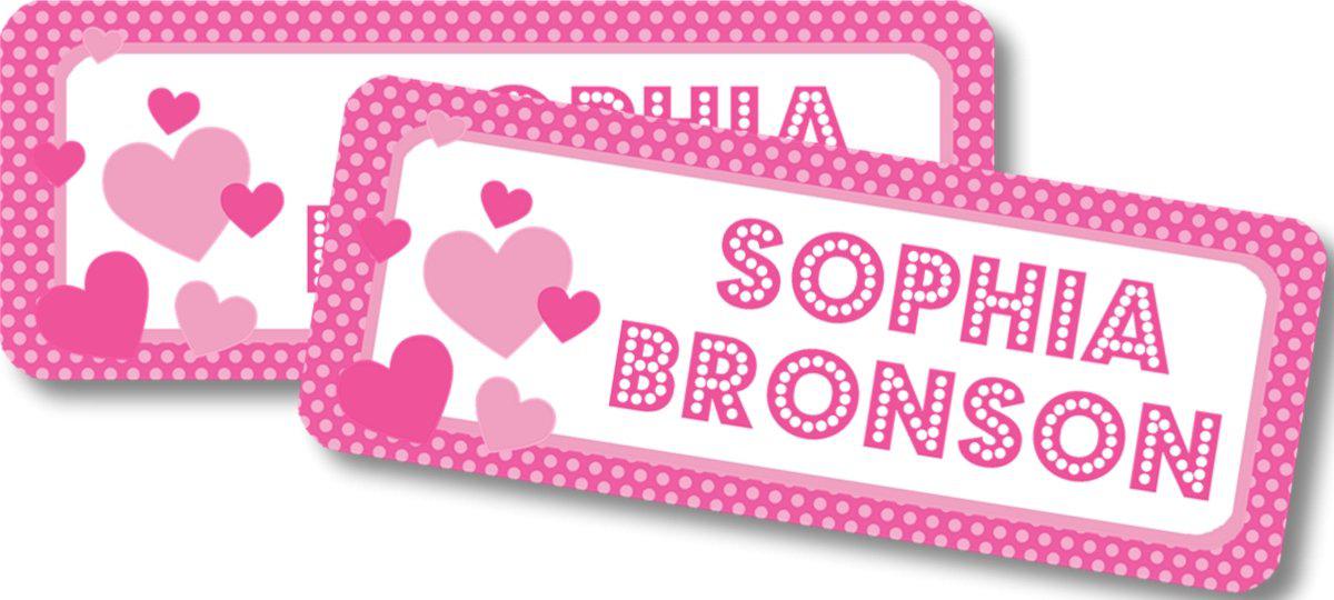Children’s school labels with pink hearts and custom name text