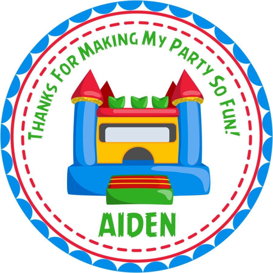 Colorful bounce house birthday sticker with inflatable castle