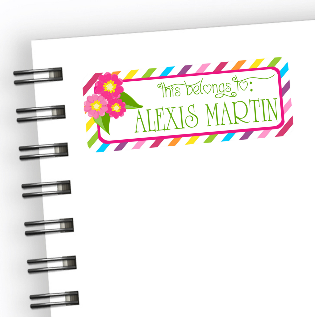 Colorful floral personalized school supply name label