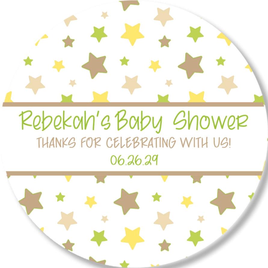 Custom celestial baby shower stickers for favors or decorations.