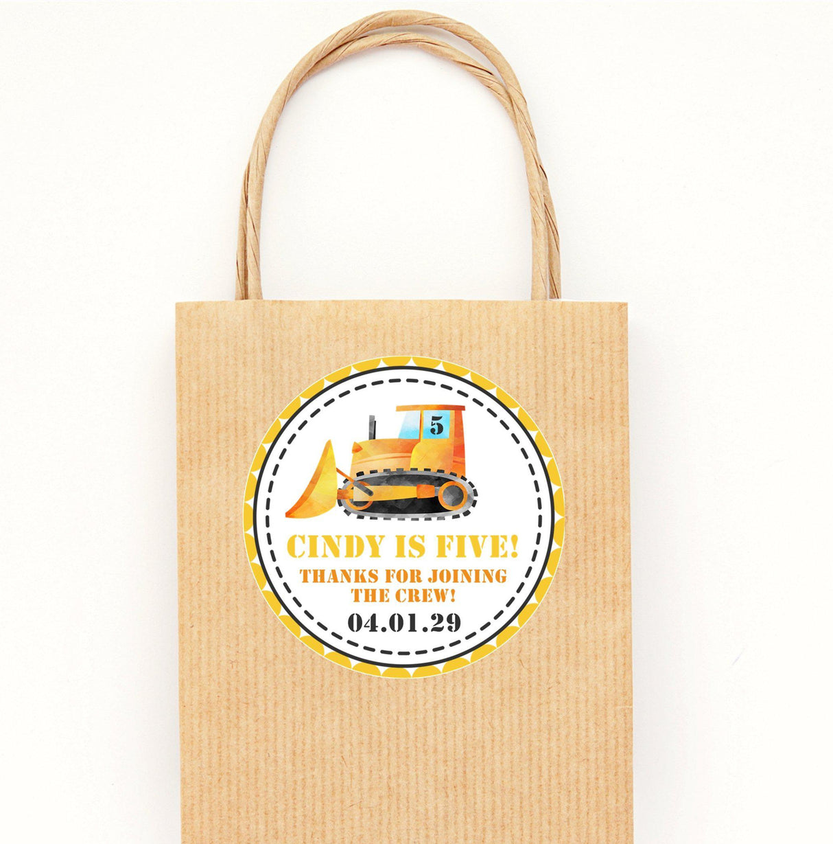Custom construction party favor sticker featuring watercolor bulldozer