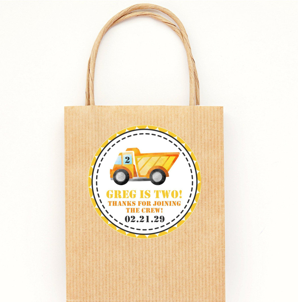 Custom dump truck party favor sticker for kids’ birthdays