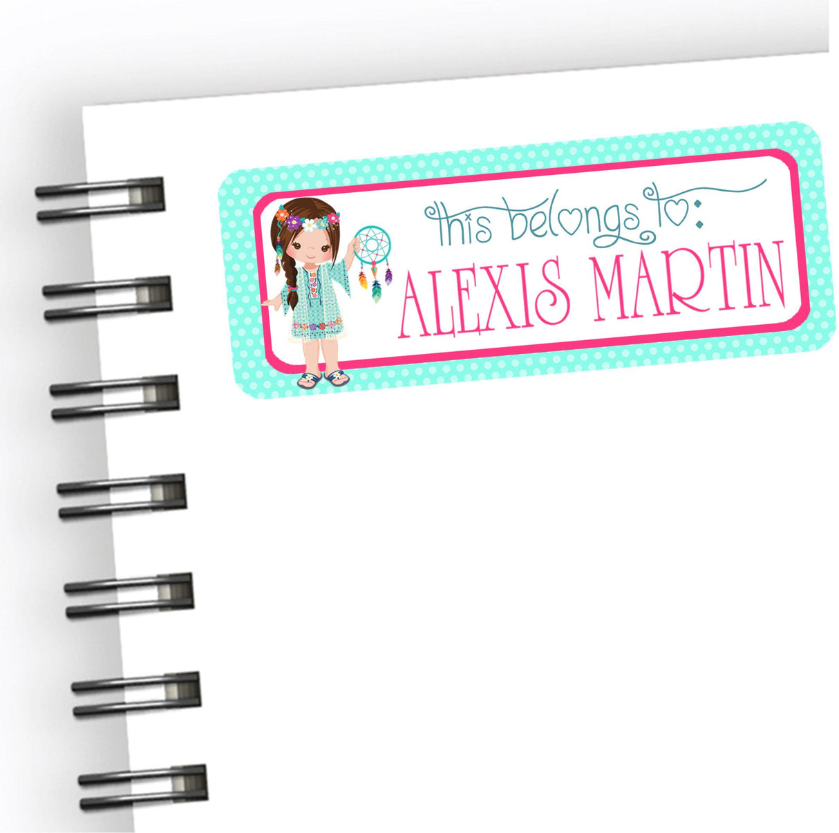 Dreamcatcher girl back to school name label with pastel boho design