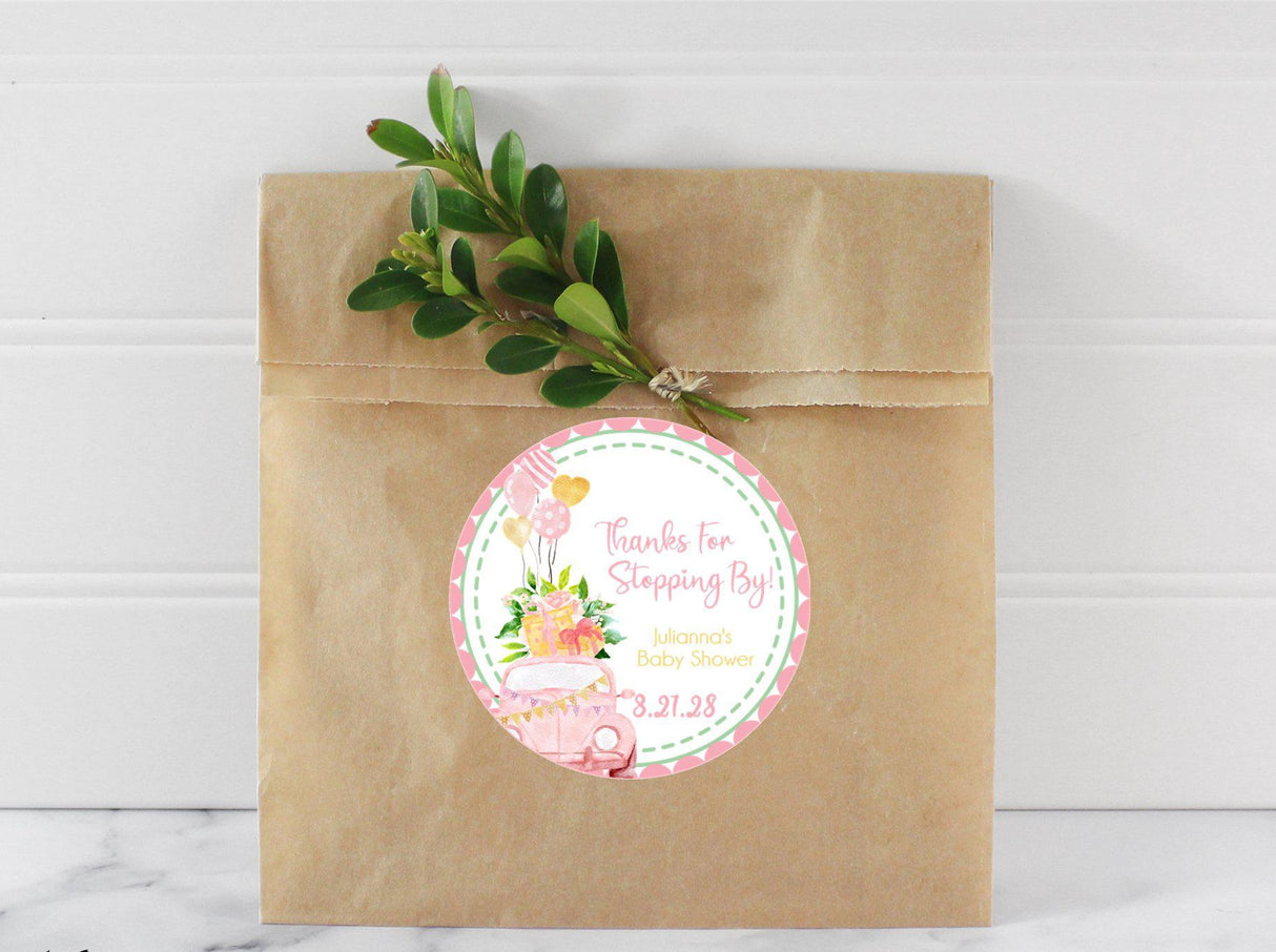 Drive-by baby shower thank you sticker for girls