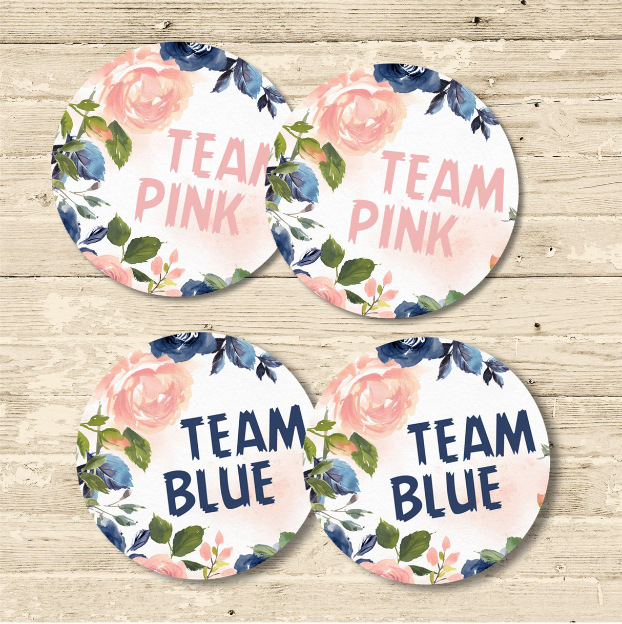 Floral gender reveal stickers with Team Pink and Team Blue voting designs