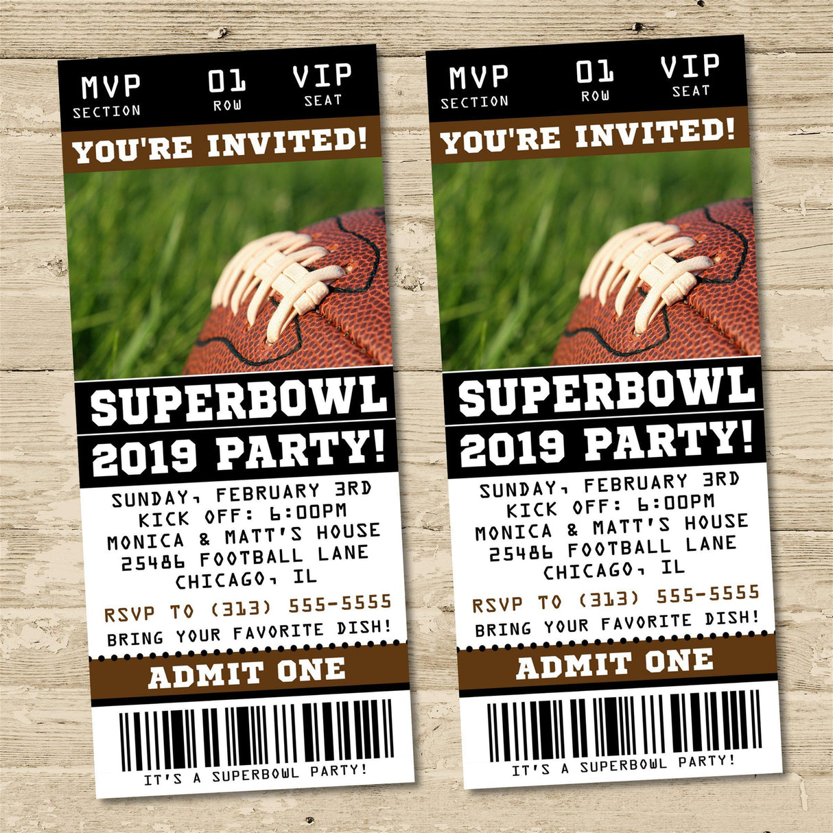 Football watch party invitation with game day themed ticket design