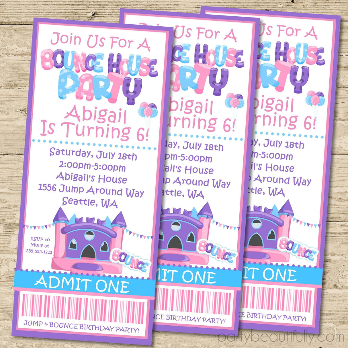 Girls Bounce House Birthday Ticket Invitations