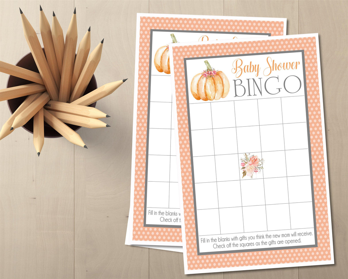 Girls Fall Pumpkin Baby Shower Bingo Cards