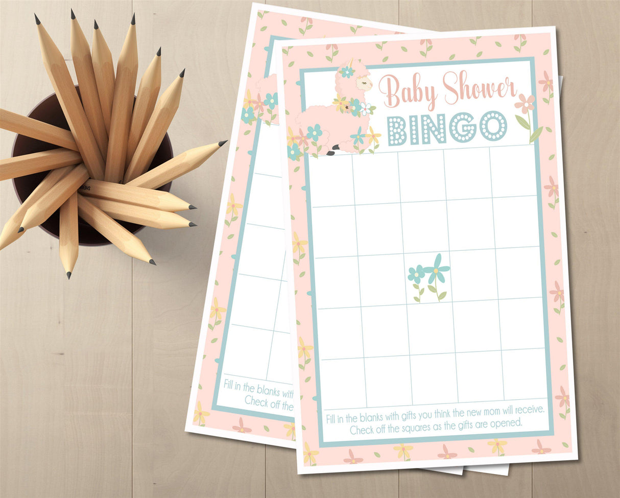 Girls Llama Baby Shower Bingo Cards