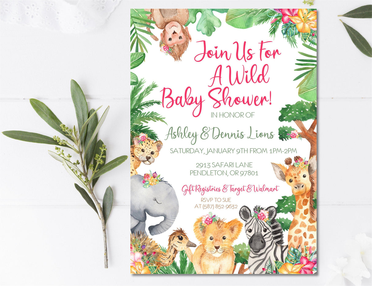 Girls Safari Animals Baby Shower Invitations