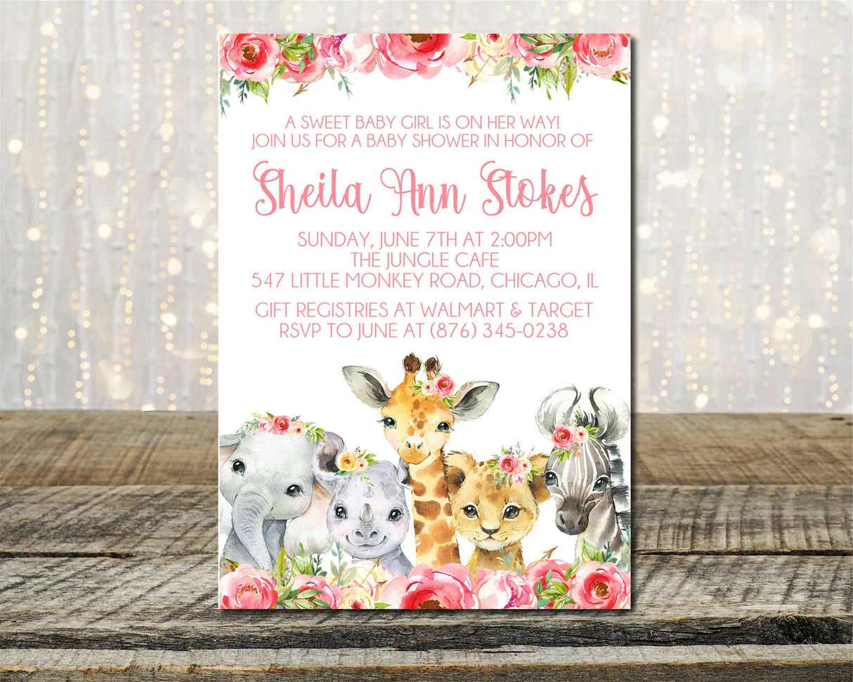 Girls Safari Animals Baby Shower Invitations