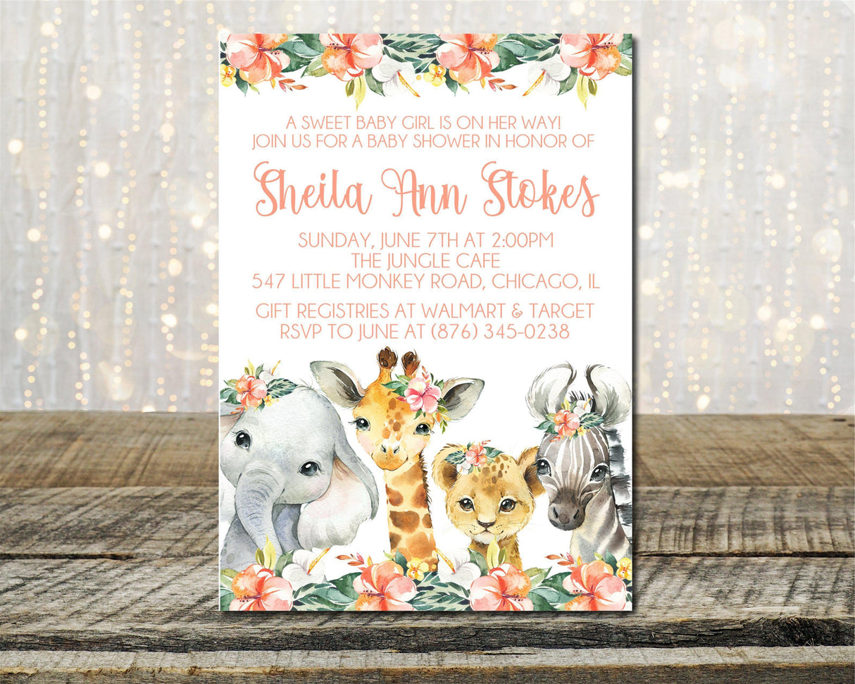 Girls Tropical Safari Animals Baby Shower Invitations