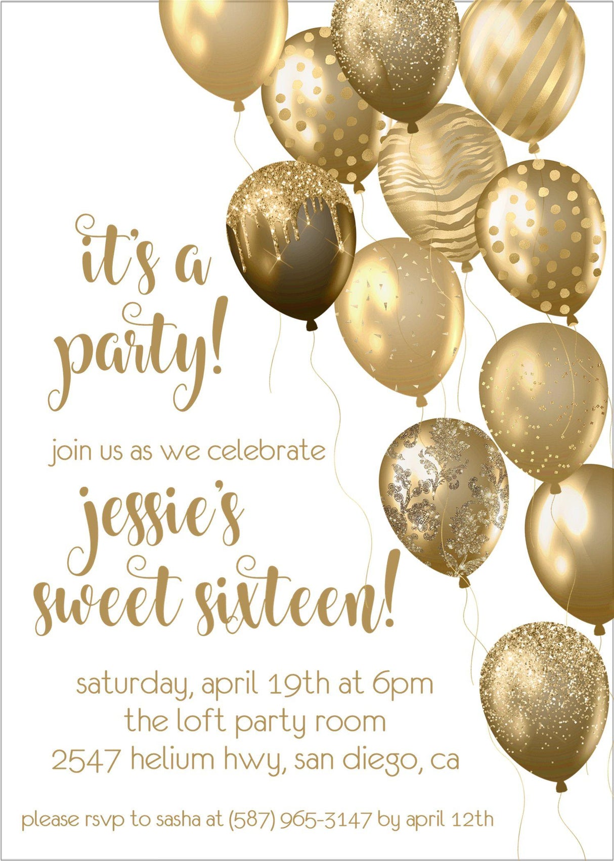 Gold Balloon Sweet 16 Party Invitations