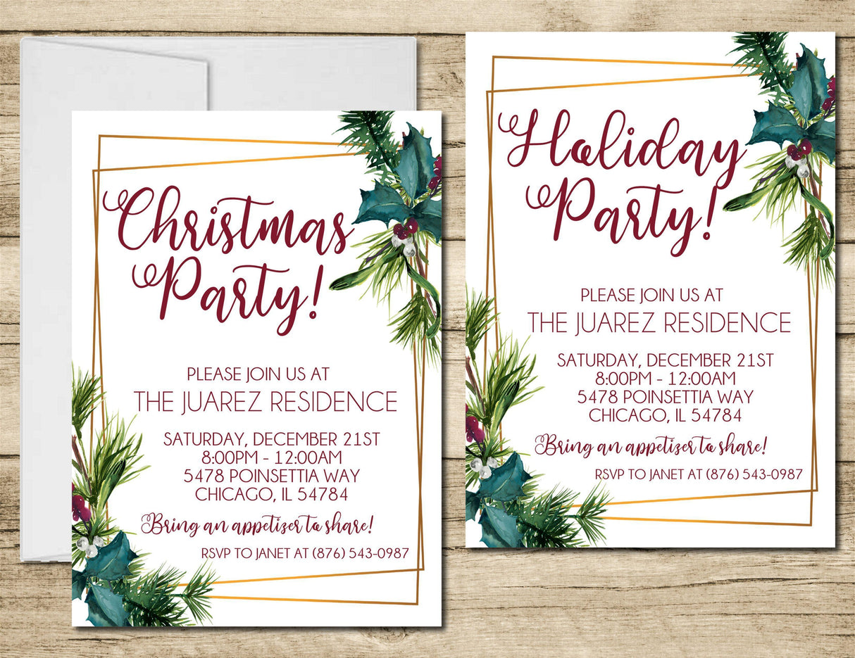 Green Pine & Gold Christmas Or Holiday Party Invitations