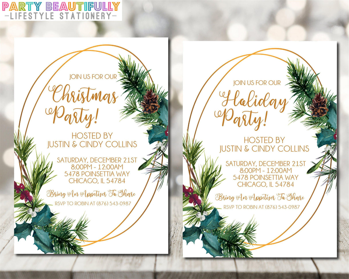 Green Pine & Gold Christmas Or Holiday Party Invitations