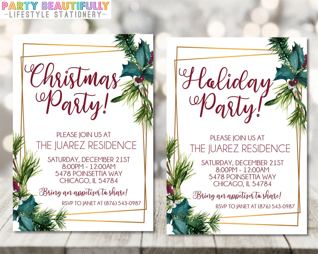 Green Pine & Gold Christmas Or Holiday Party Invitations