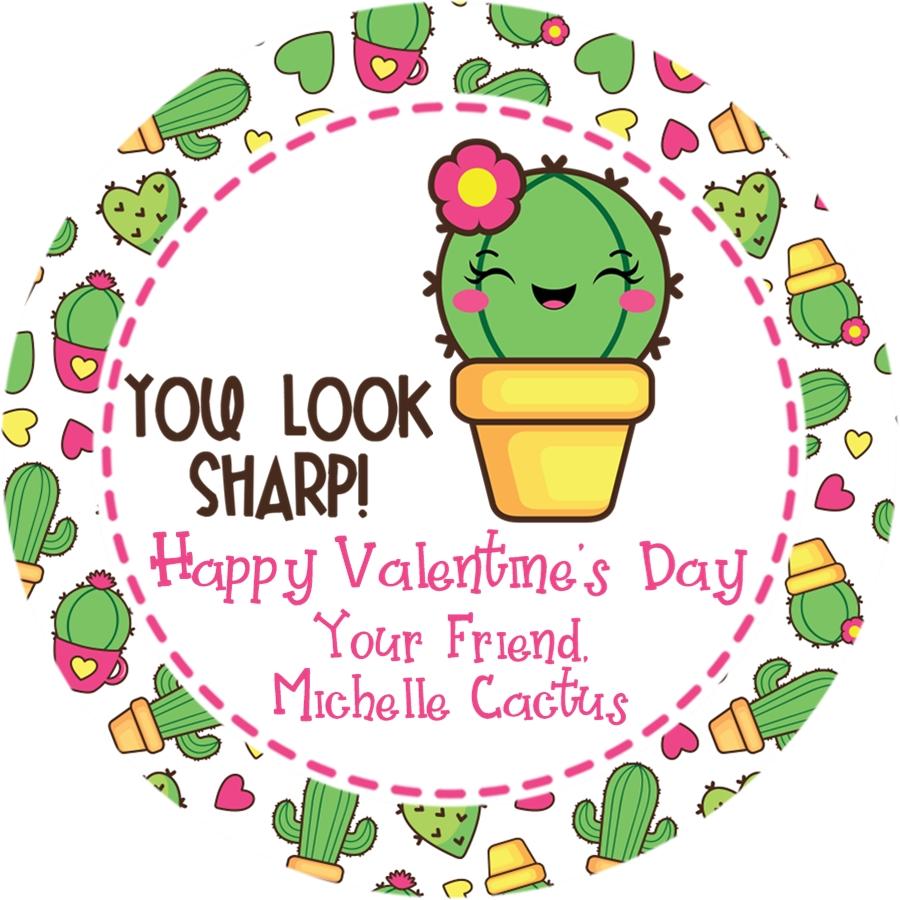 Green cactus Valentine’s Day favor label for kids