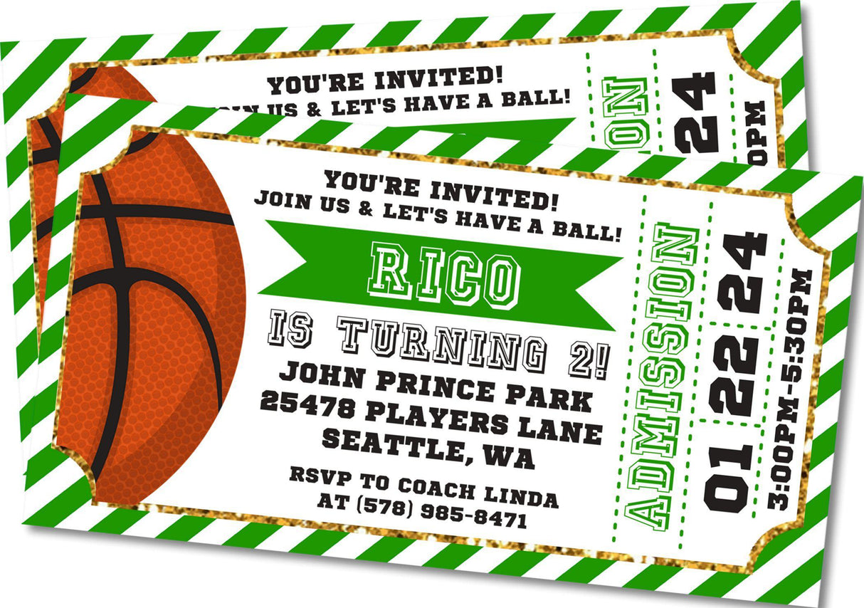 Green gold basketball birthday party invitation