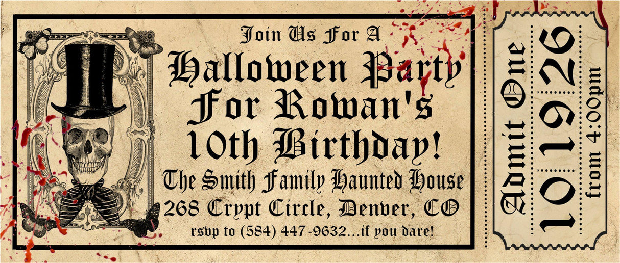 Halloween birthday invitation with distressed ticket artwork and vintage illustration