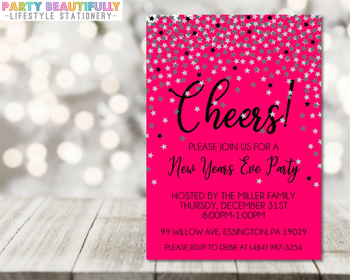 Hot Pink And Black New Years Eve Party Invitations