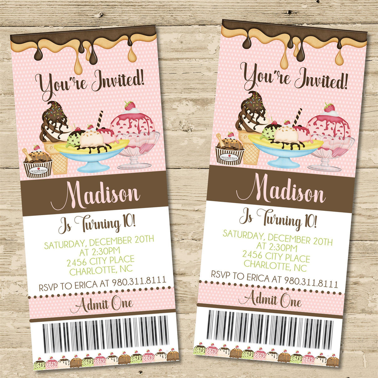 Ice cream birthday ticket invitation with sprinkles themed graphics and admission pass design