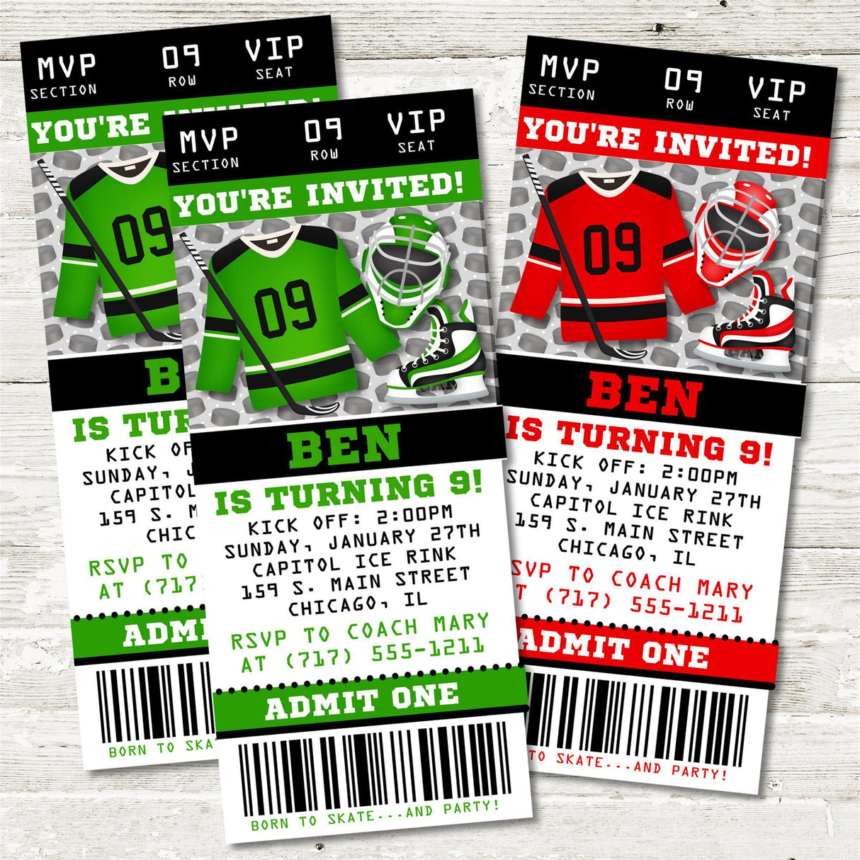 Ice hockey party invitation featuring sports themed artwork and ticket style design