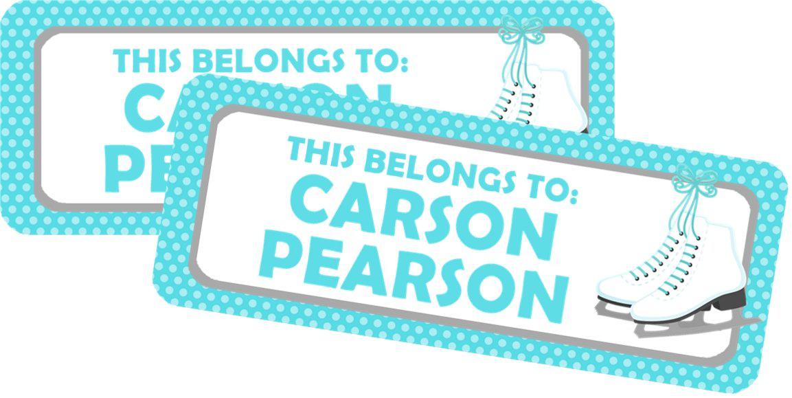 Ice skating name labels in blue with custom text