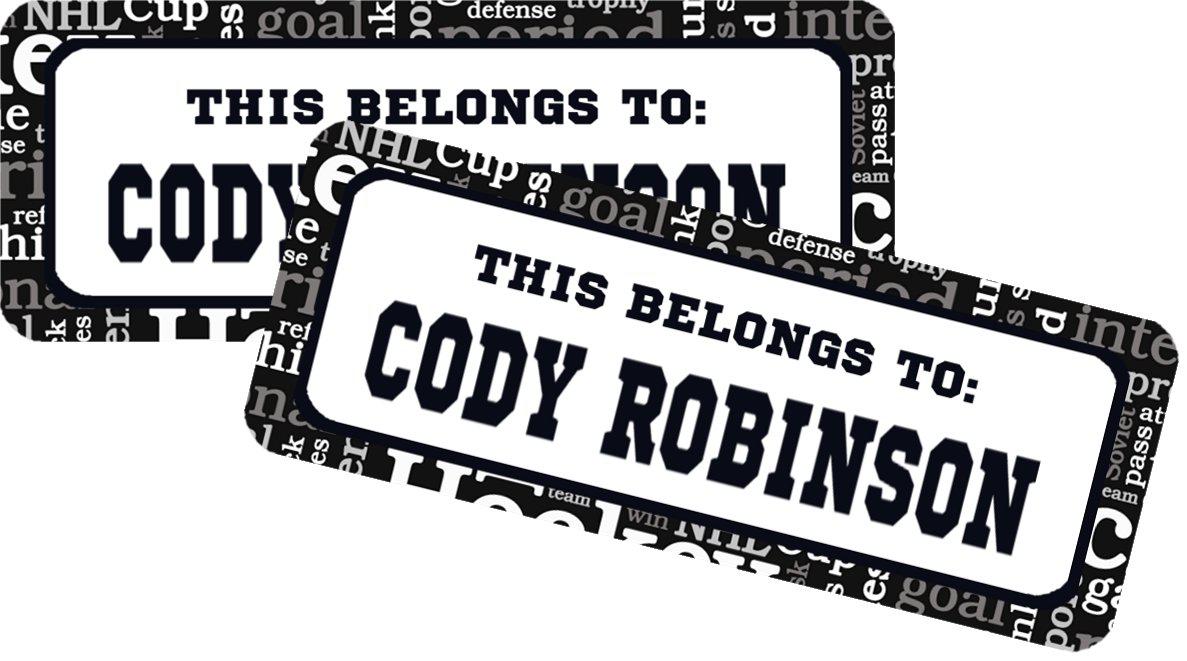 Kids school labels featuring hockey typography design