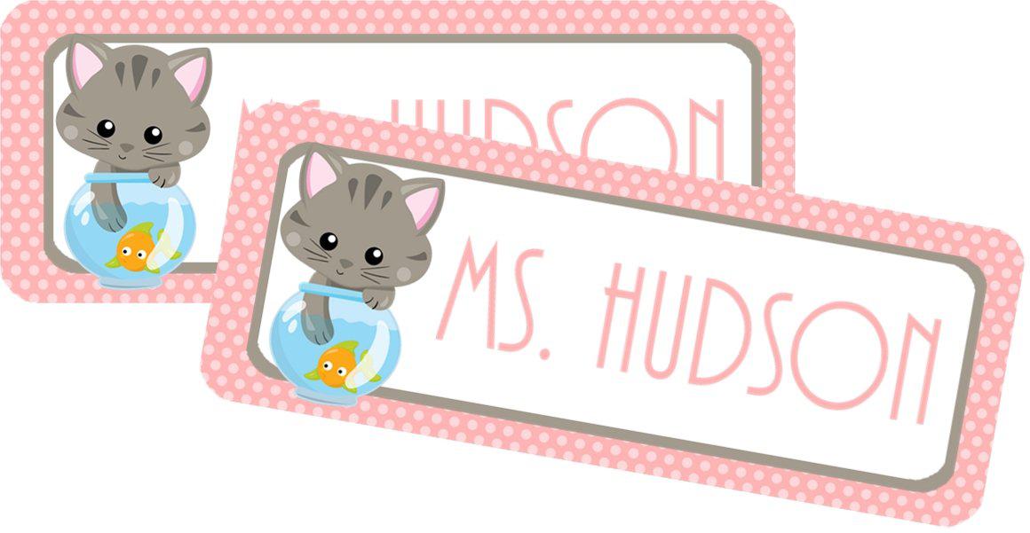 Kitten school supply label featuring blue fish bowl illustration