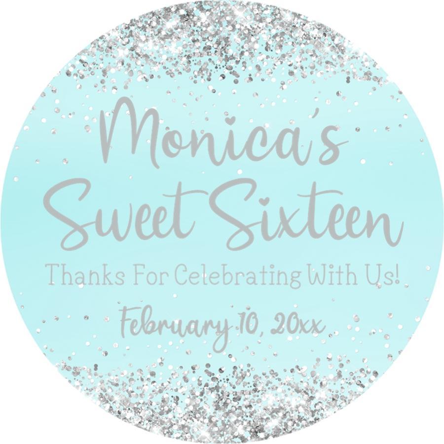 Light turquoise Sweet 16 birthday sticker with printed confetti