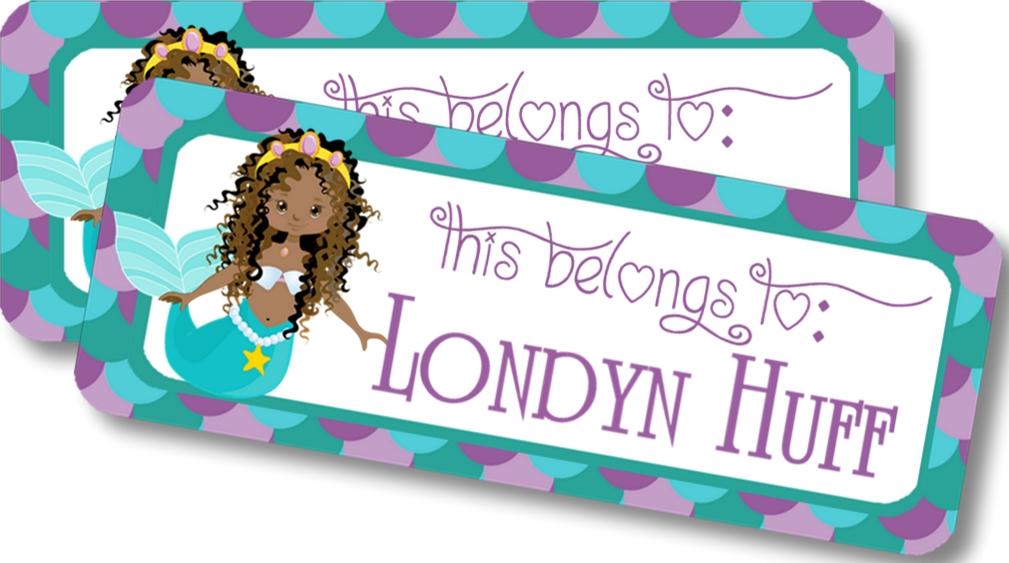 Mermaid back to school name labels in teal purple and aqua colors