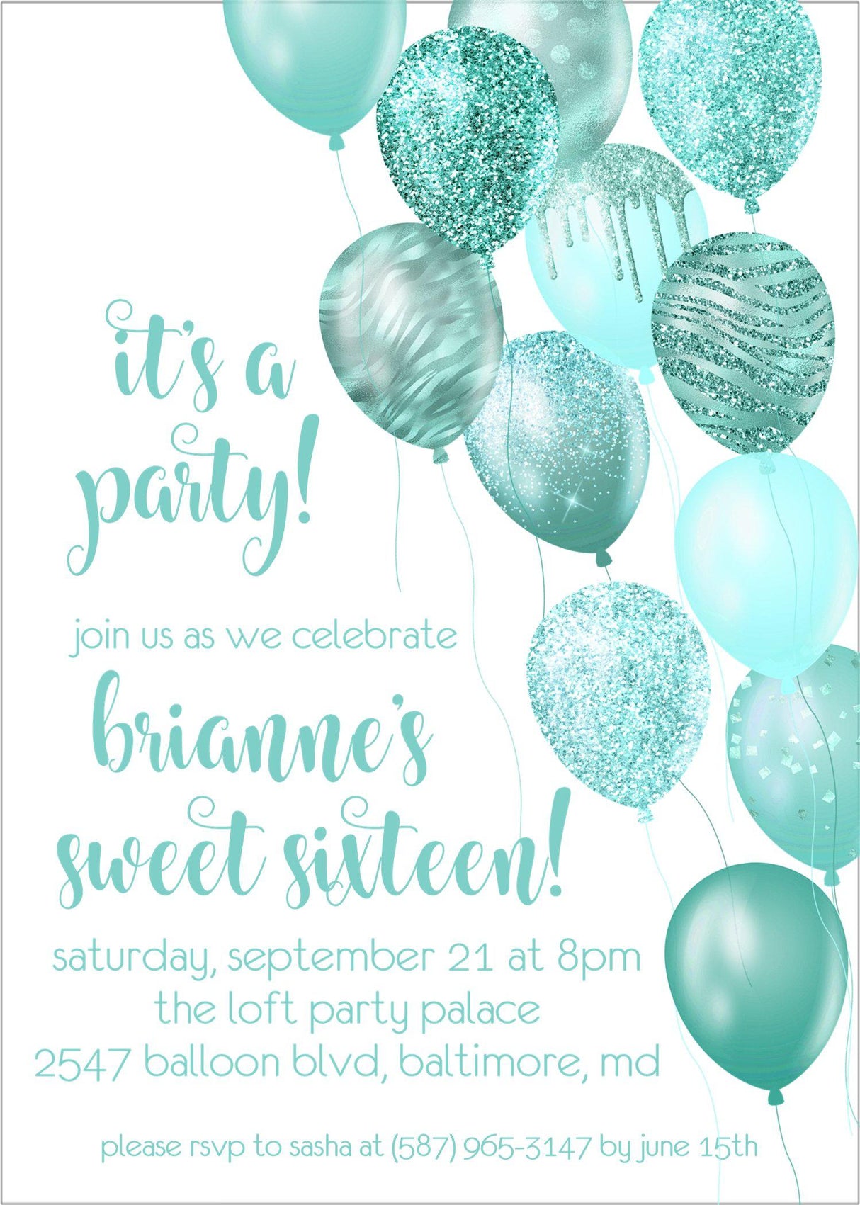 Mint sweet 16 birthday invitation cards